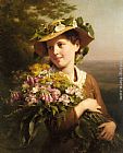 Bouquet Canvas Paintings - A Young Beauty holding a Bouquet of Flowers